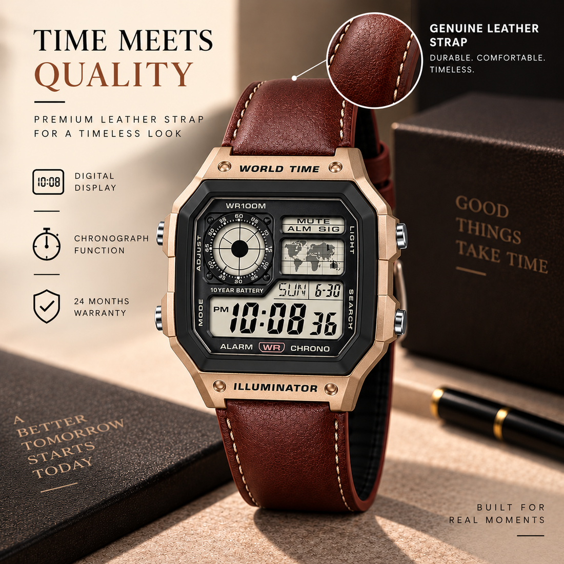 Casio Digital Watch for Men with Genuine Leather Strap