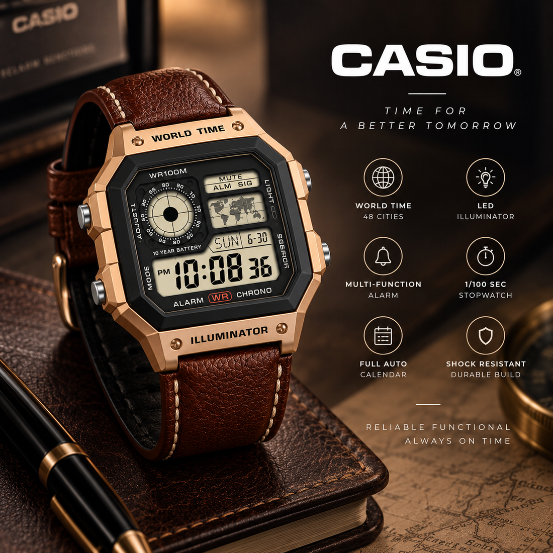 Casio Digital Watch for Men with Genuine Leather Strap