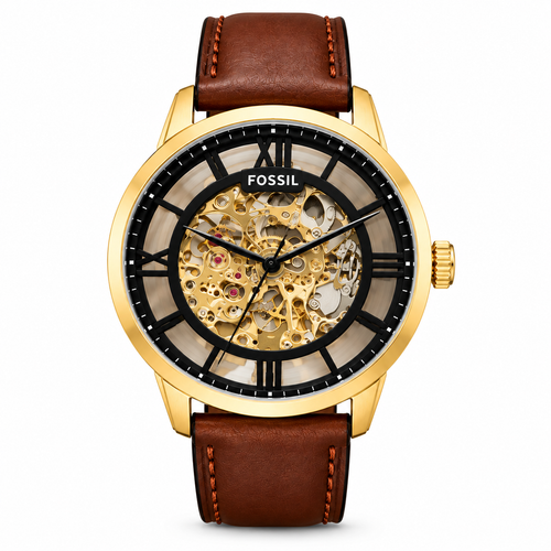 Fossil Men’s Premium Skeleton Watch Gold-Tone Case | Brown Leather Strap