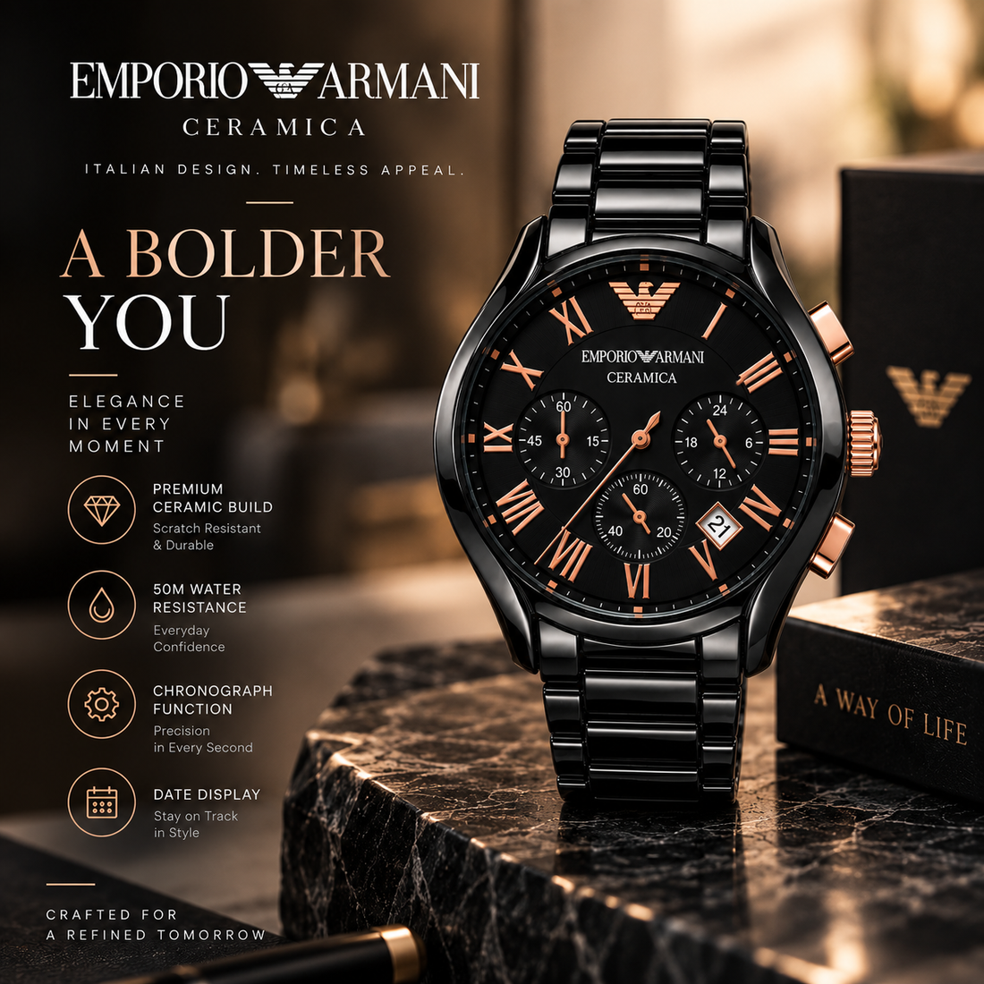 EMPORIO ARMANI Premium Analog Watch for Men – Black Ceramic Strap