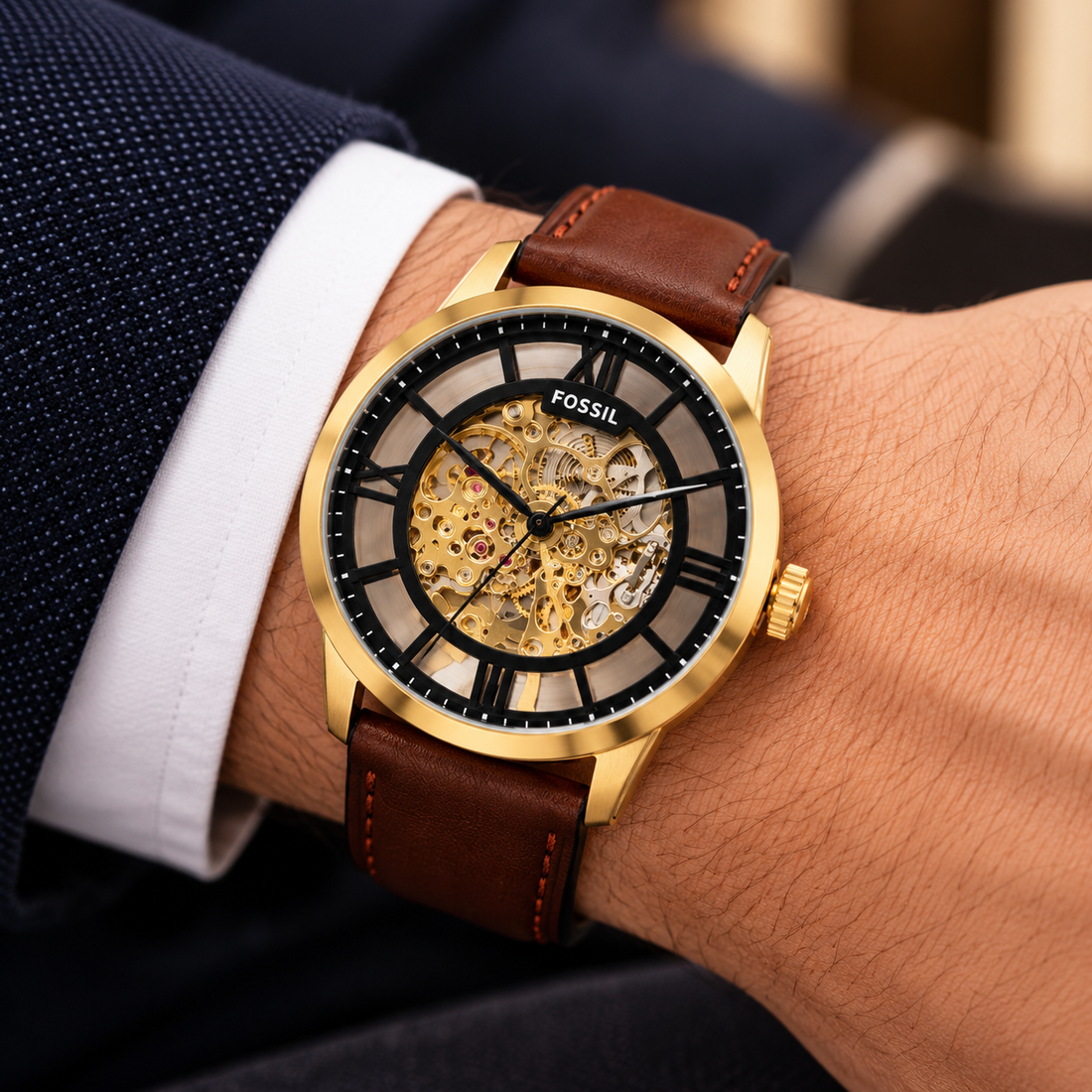 Fossil Men’s Premium Skeleton Watch Gold-Tone Case | Brown Leather Strap