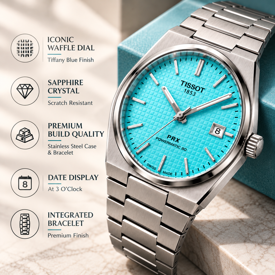 Tissot PRX Tiffany Blue Premium Stainless Steel Watch