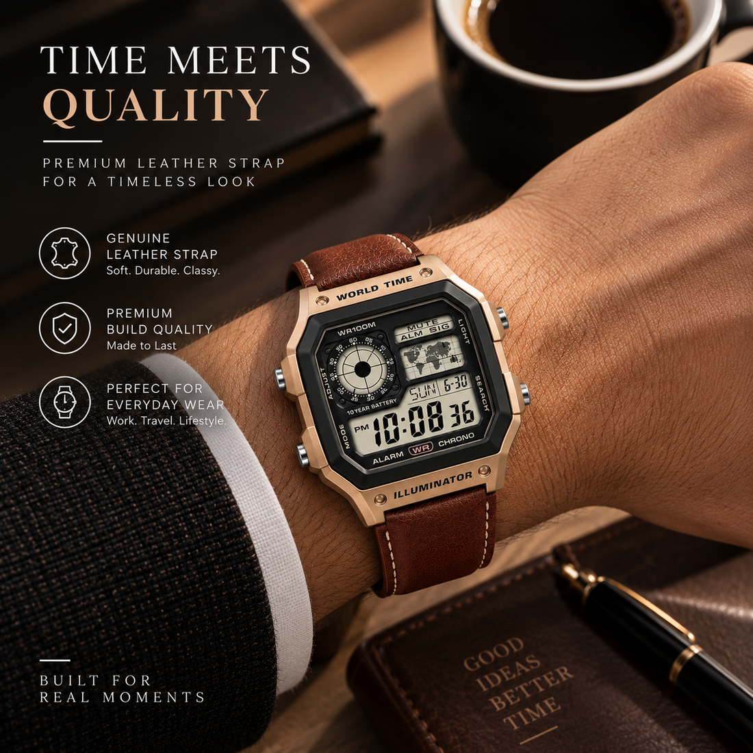 Casio Digital Watch for Men with Genuine Leather Strap