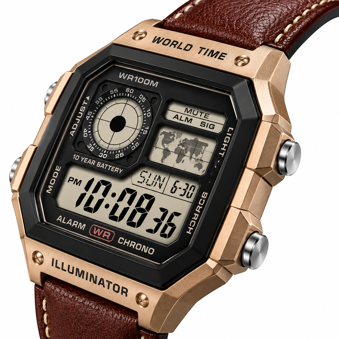 Casio Digital Watch for Men with Genuine Leather Strap