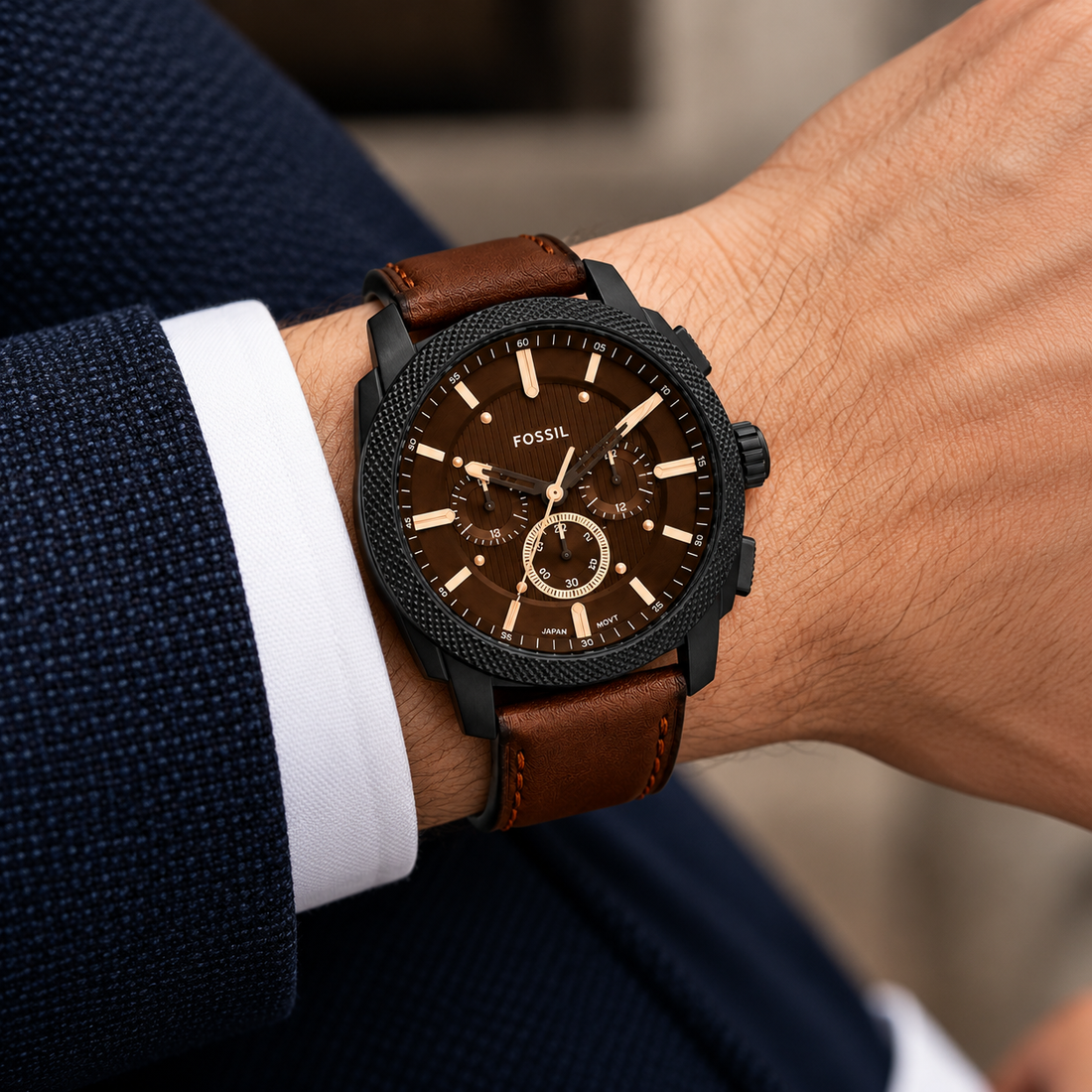 Fossil Men’s Chronograph Black Dial Premium Leather Watch