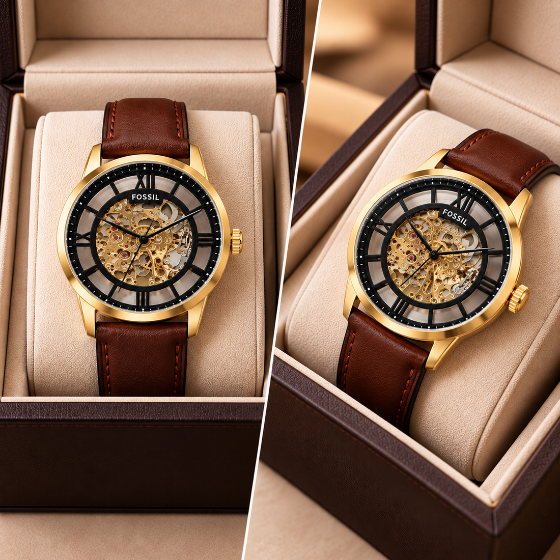 Fossil Men’s Premium Skeleton Watch Gold-Tone Case | Brown Leather Strap
