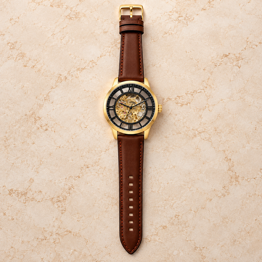 Fossil Men’s Premium Skeleton Watch Gold-Tone Case | Brown Leather Strap