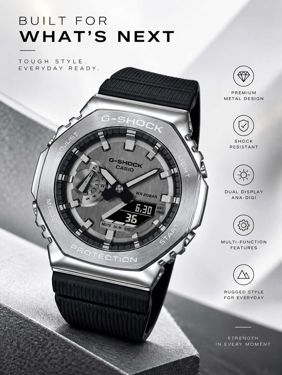 CASIO G-SHOCK Premium Analog Digital Watch for Men – Silver Dial with Black Resin Strap
