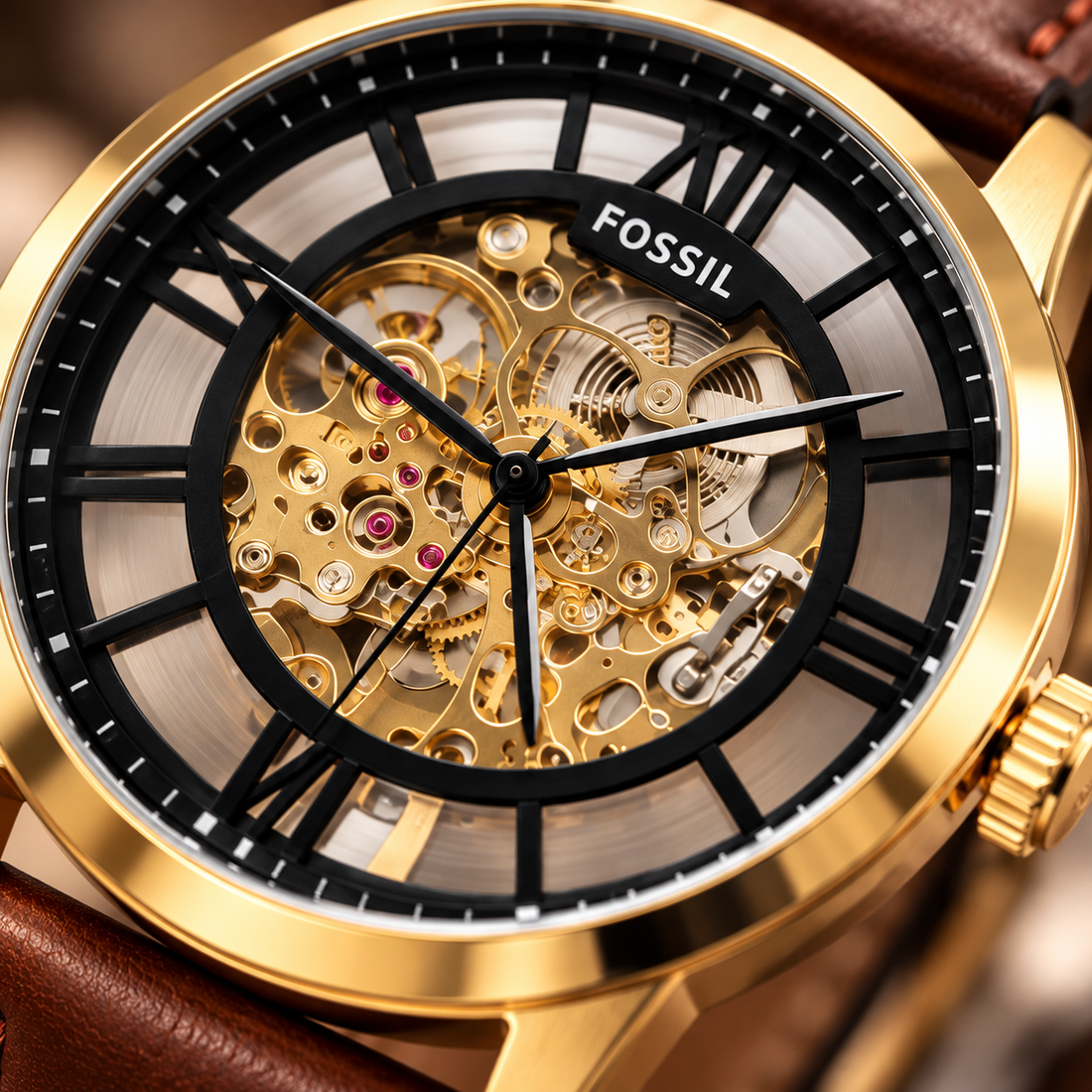 Fossil Men’s Premium Skeleton Watch Gold-Tone Case | Brown Leather Strap