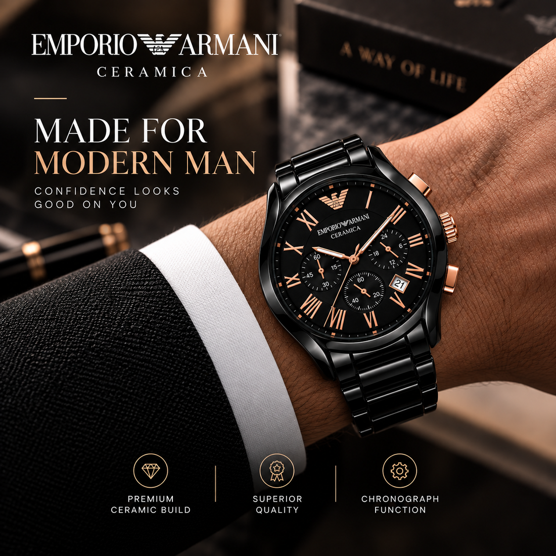 EMPORIO ARMANI Premium Analog Watch for Men – Black Ceramic Strap